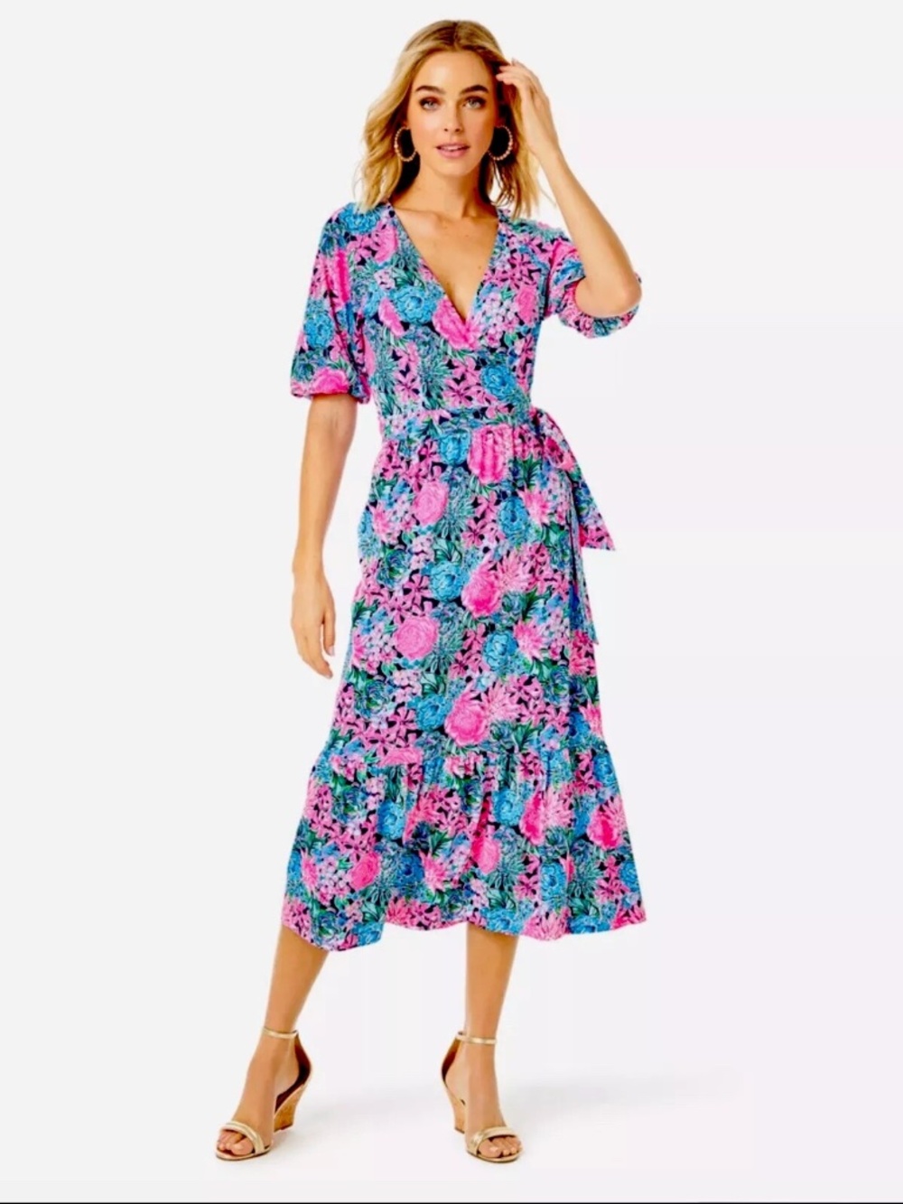 NWT Lilly Pulitzer Brantley Midi Wrap Dress in Oyster Bay Always Be Blooming, XL